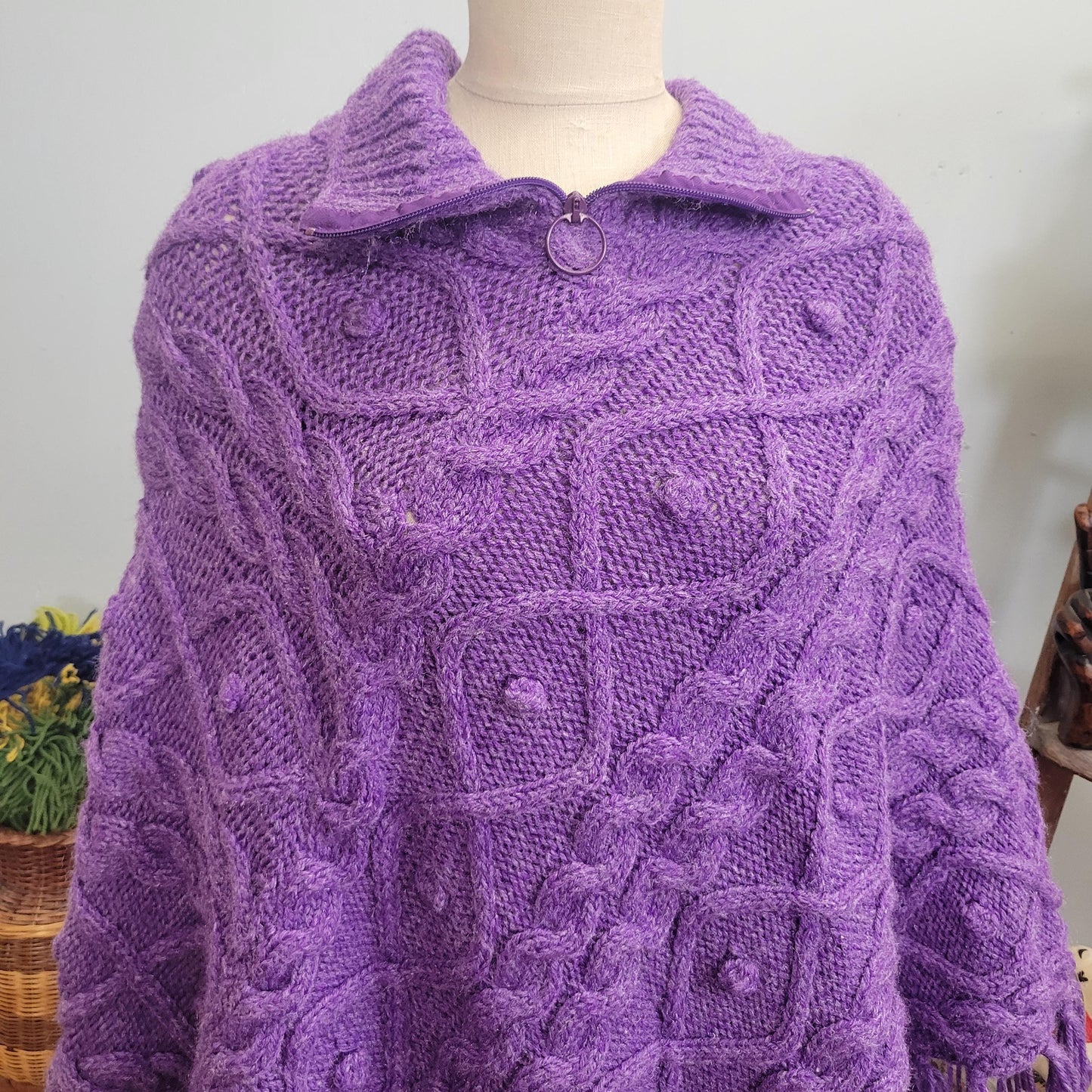 vtg 70s PURPLE KNIT PONCHO // vintage xl 3d textured fringe cape pastel flowy autumn halloween vibe hippie boho ethereal ren fest mini dress