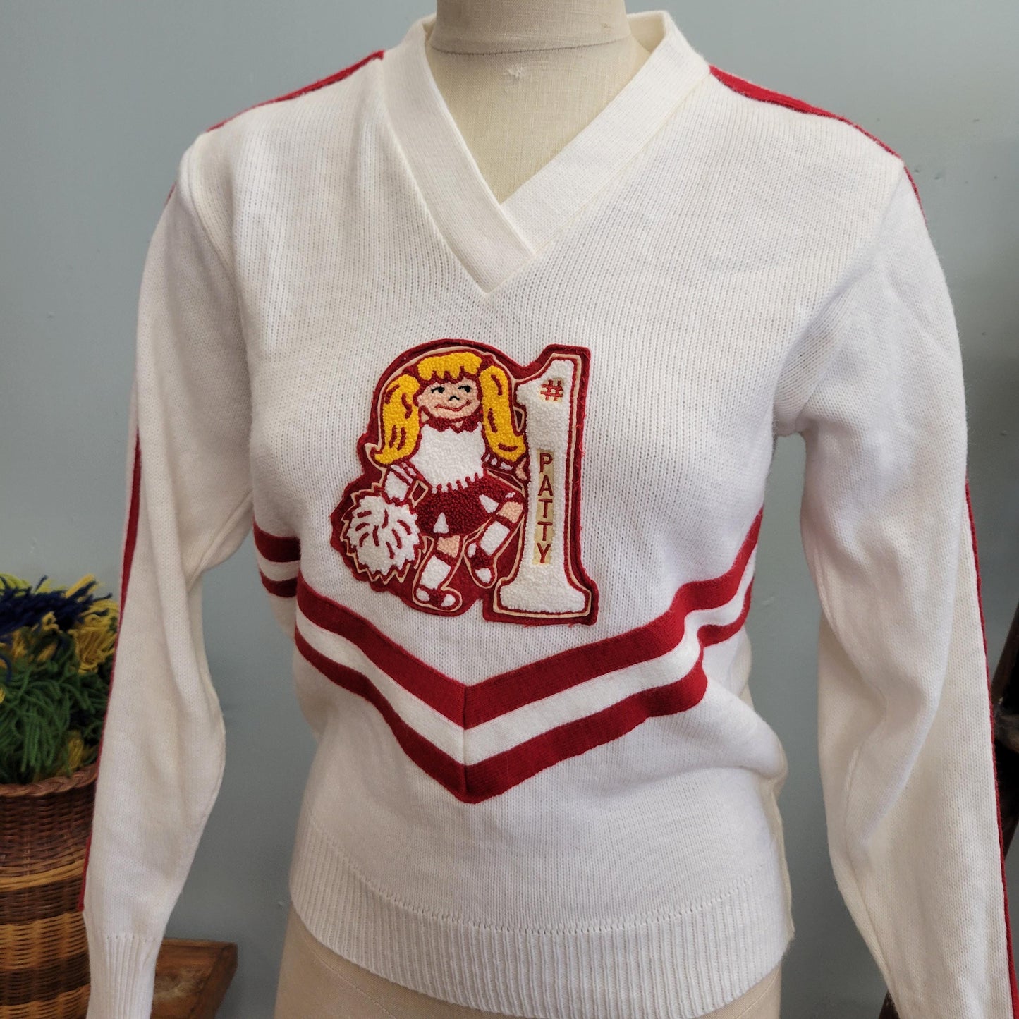vtg 70s CHEERLEADER SWEATER // vintage medium hillards pep supply patty the blonde pep squad number 1 cheifs fan wife football lover swiftie