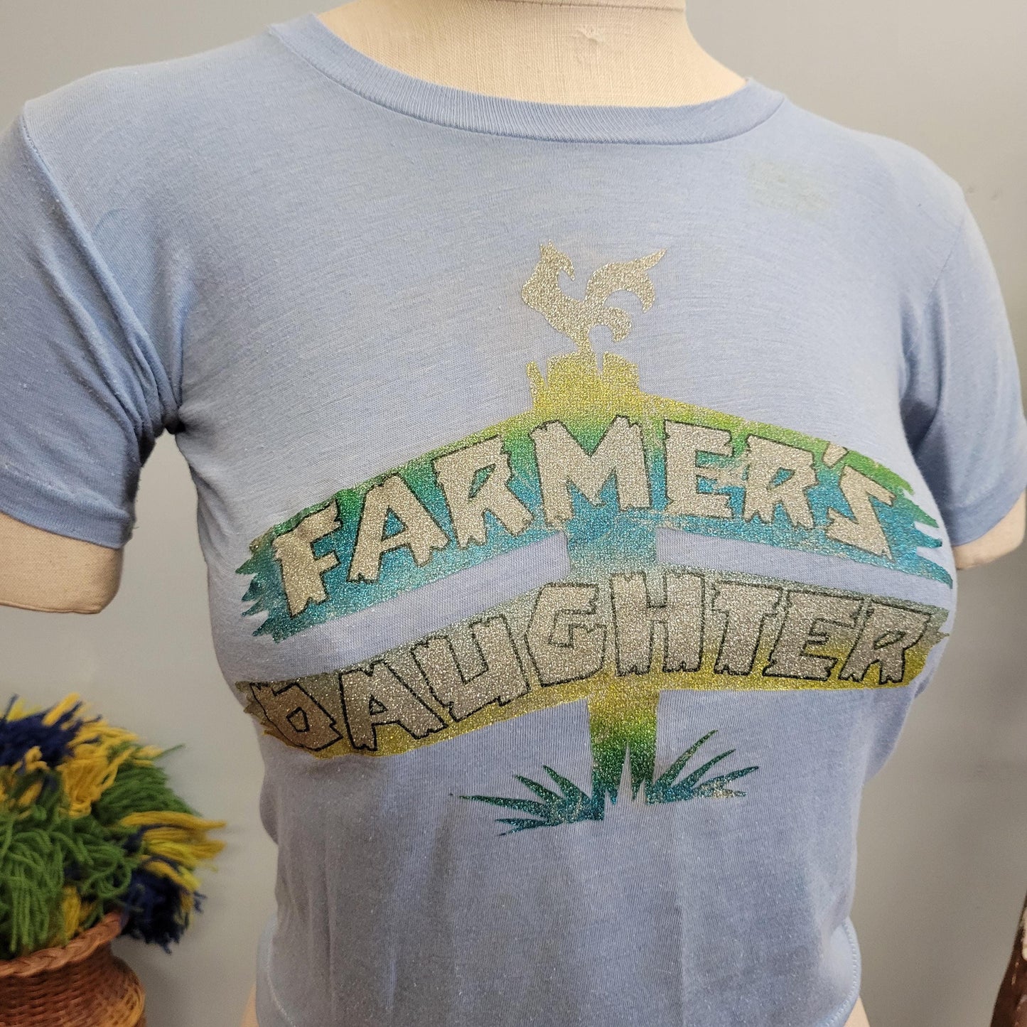 vtg 70s FARMERS DAUGHTER IRON On tshirt // vintage small baby tee crop top cowboy daddy's girl loretta lynn country girl retro paper thin