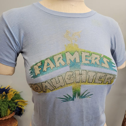 vtg 70s FARMERS DAUGHTER IRON On tshirt // vintage small baby tee crop top cowboy daddy's girl loretta lynn country girl retro paper thin