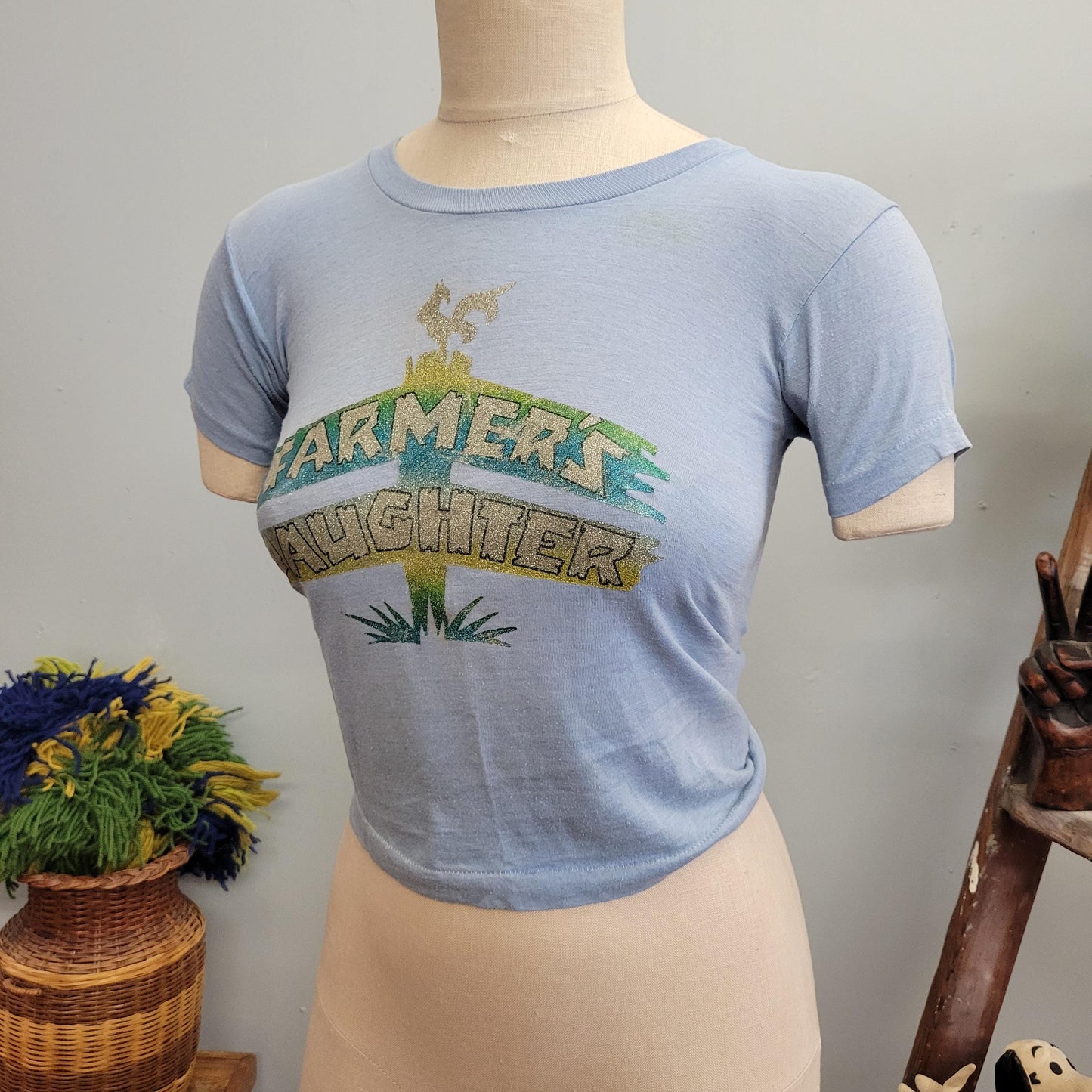 vtg 70s FARMERS DAUGHTER IRON On tshirt // vintage small baby tee crop top cowboy daddy's girl loretta lynn country girl retro paper thin