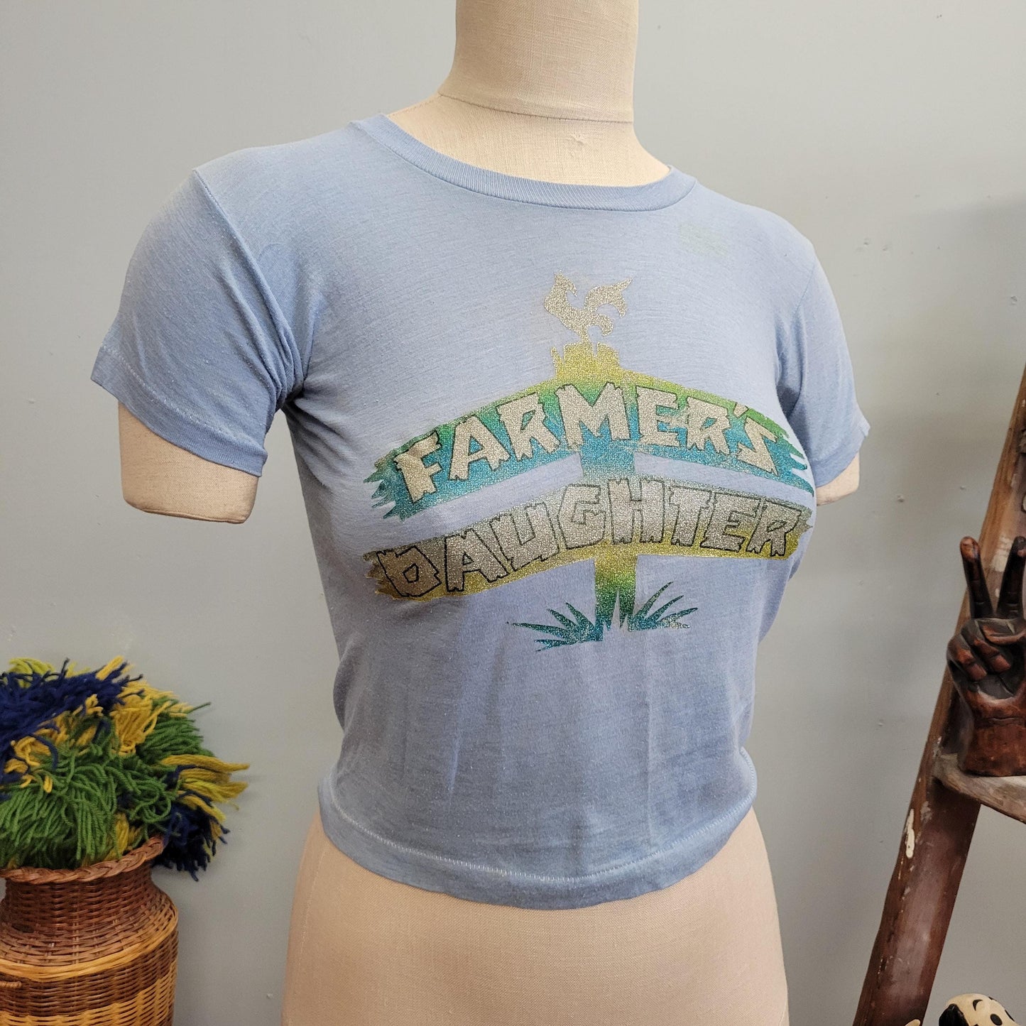 vtg 70s FARMERS DAUGHTER IRON On tshirt // vintage small baby tee crop top cowboy daddy's girl loretta lynn country girl retro paper thin