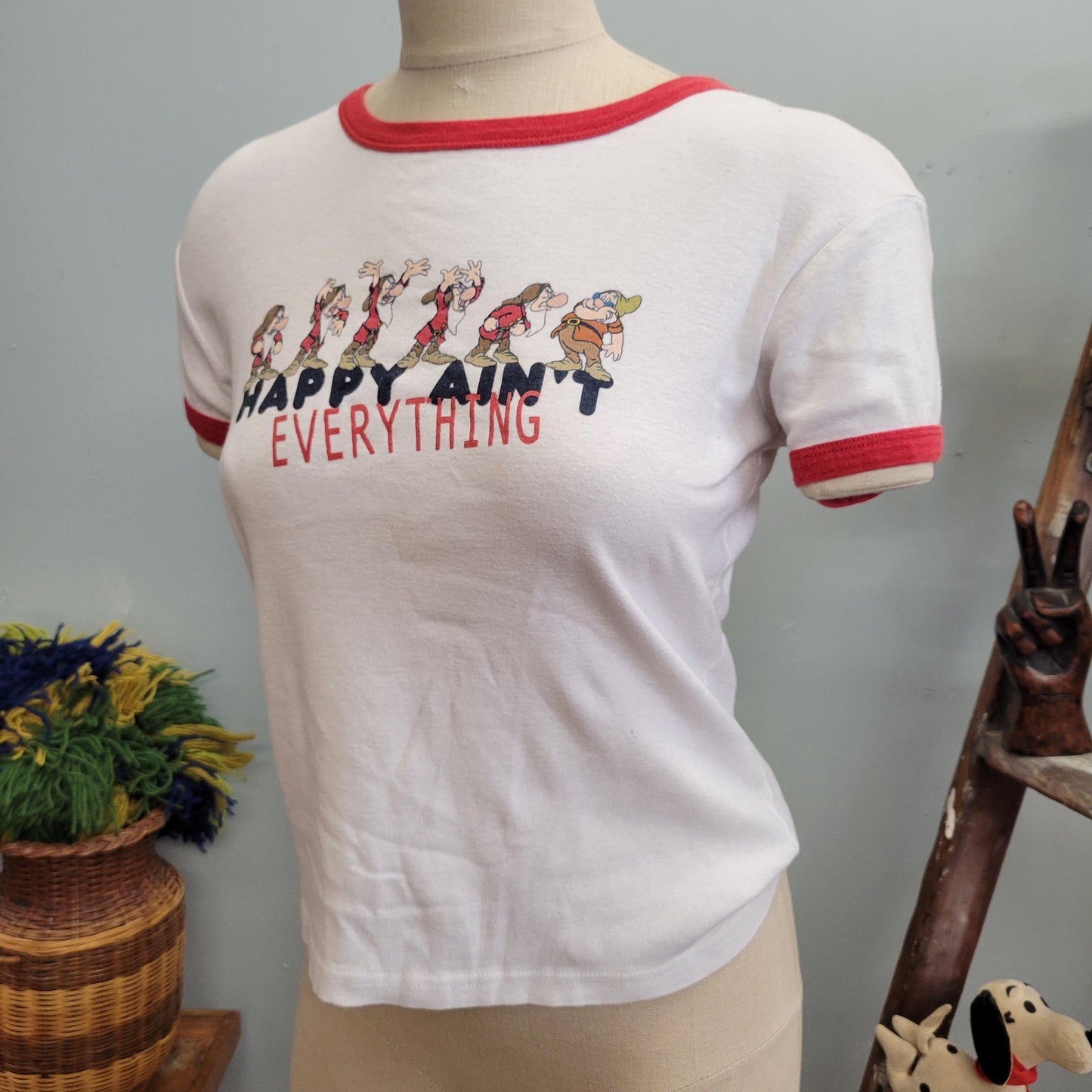 vtg 90s GRUMPY SNOW WHITE Shirt // vintage disney youth large baby tee 7 dwarves “happy ain’t everything” funny ringer tee Y2K french cut