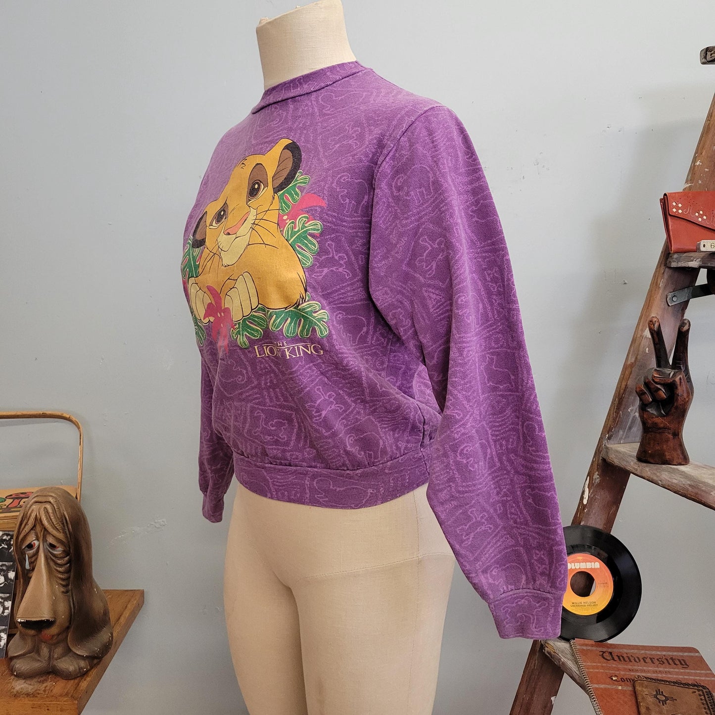 vtg 90s LION KING SWEATSHIRT // vintage disney youth xl simba chillin purple unisex small autumn fashion cute africa pattern all over print