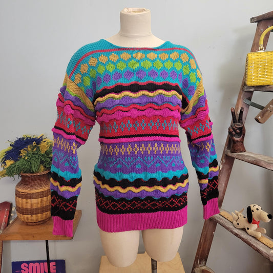 vtg 80s WAVY KNIT SWEATER // vintage knit medium multicolored geometric 3d textured striped rainbow oversized long bright chunky sweater top