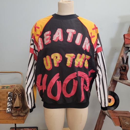 vtg 80s HEATIN UP The HOOPS Pullover // vintage basketball xl scorecard referee stripes crazy spell out hip hop style pop art all over print