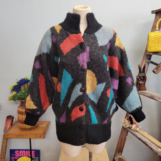 vtg 80s FUNKY ABSTRACT CARDIGAN // vintage sweater jb diffusion large oversized button up sweater jacket turtleneck slouchy geometric fuzzy