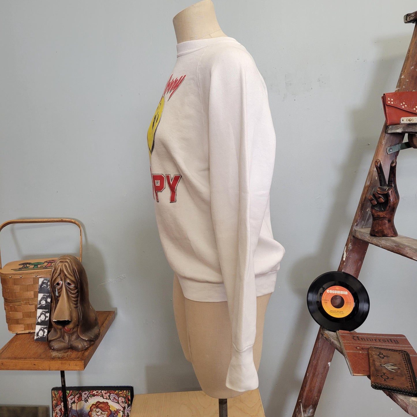 vtg 80s DONT WORRY be HAPPY sweatshirt // vintage crewneck fruit of the loom large yellow smiley face cute funny saying stay positive shirt