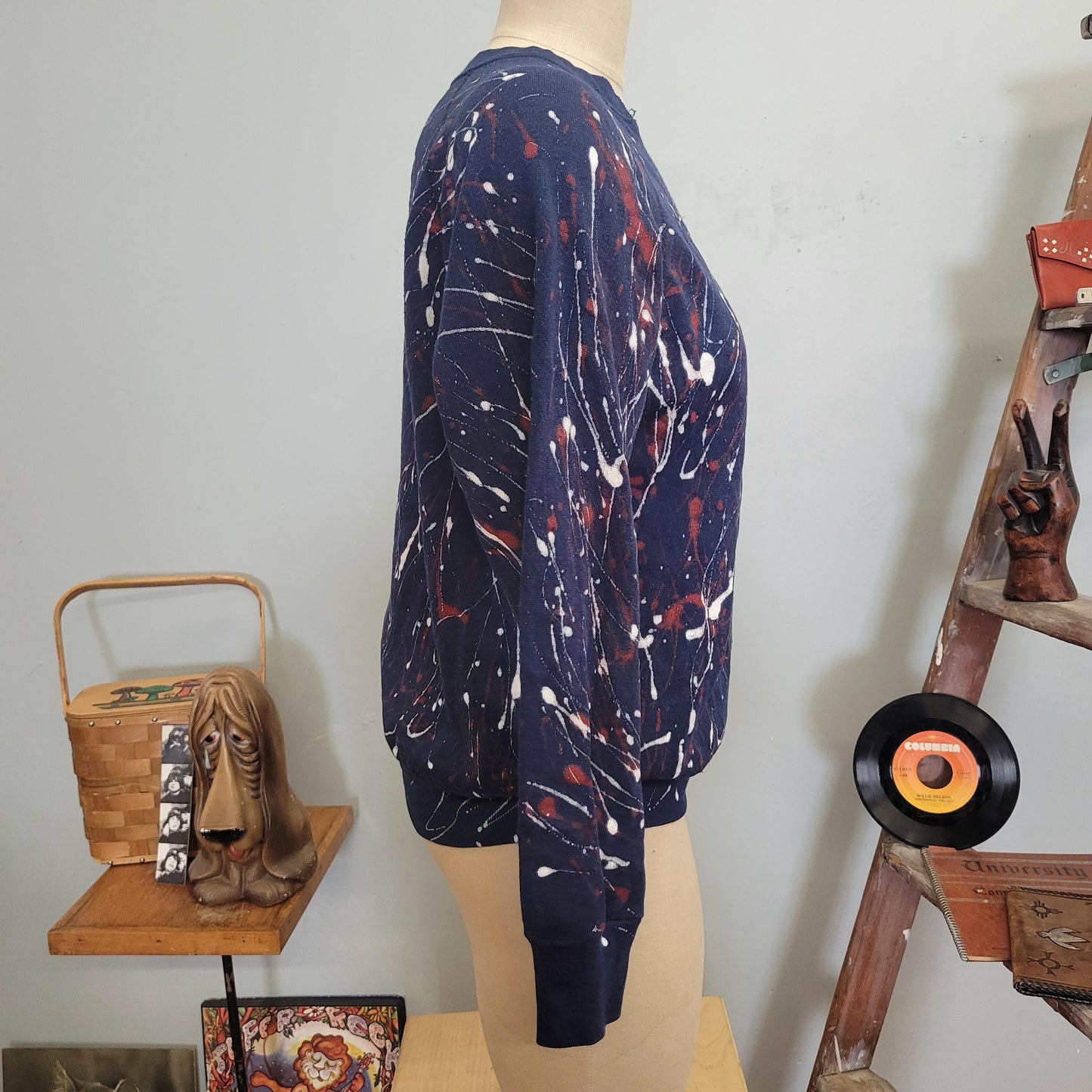 vtg 80s PAINT SPLATTER SWEATSHIRT // vintage ultra fleece tultex xl soft puff paint distressed abstract pattern navy blue autumn cozy top