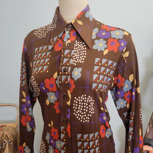 vtg 70s FLOWER POWER TOP // vintage button down masterbuilt medium autumn style abstract psychedelic retro pointy collared hippie mod style