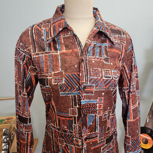 vtg 70s PATTERNED SILKY BLOUSE // vintage button down kmart medium mens abstract psychedelic pointy collar retro hippie disco mod autumn top