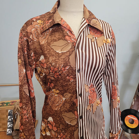 vtg 70s FLORAL STRIPED BLOUSE / vintage silky button down styled in california medium op art hippie disco psychedelic retro rose pattern top