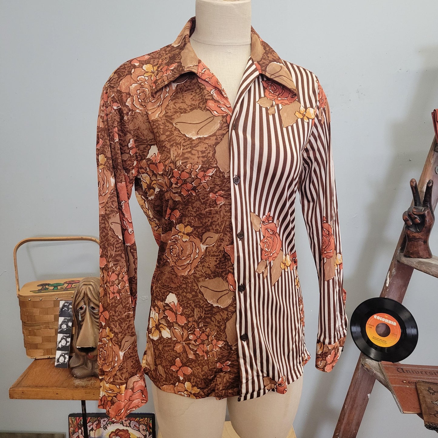 vtg 70s FLORAL STRIPED BLOUSE / vintage silky button down styled in california medium op art hippie disco psychedelic retro rose pattern top