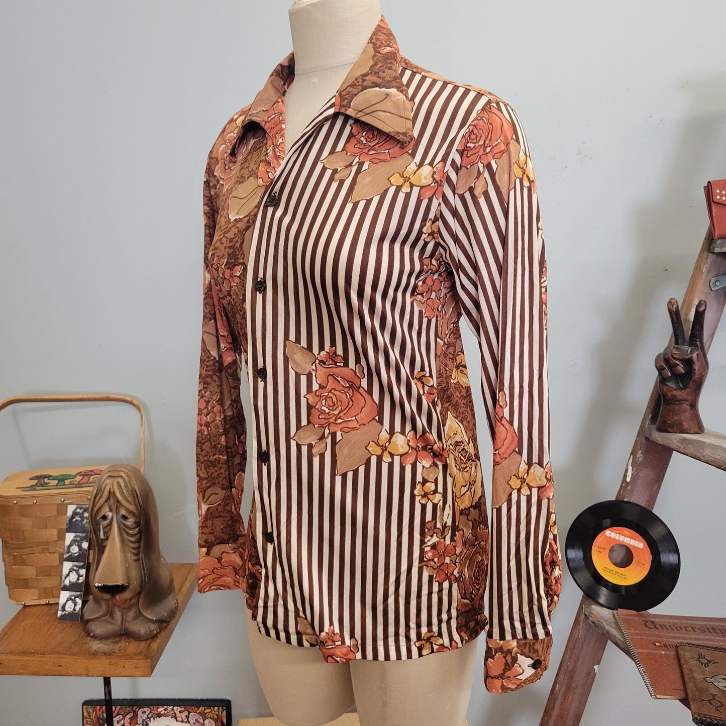 vtg 70s FLORAL STRIPED BLOUSE / vintage silky button down styled in california medium op art hippie disco psychedelic retro rose pattern top