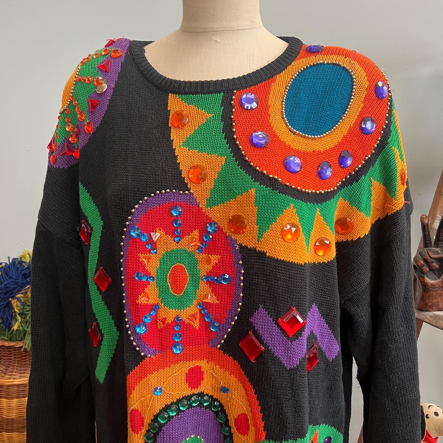vtg 80s BEDAZZLED JEWEL SWEATER // vintage jacque & koko 3xl jewel tones oversized long abstract pattern sweater dress blingy festive op art