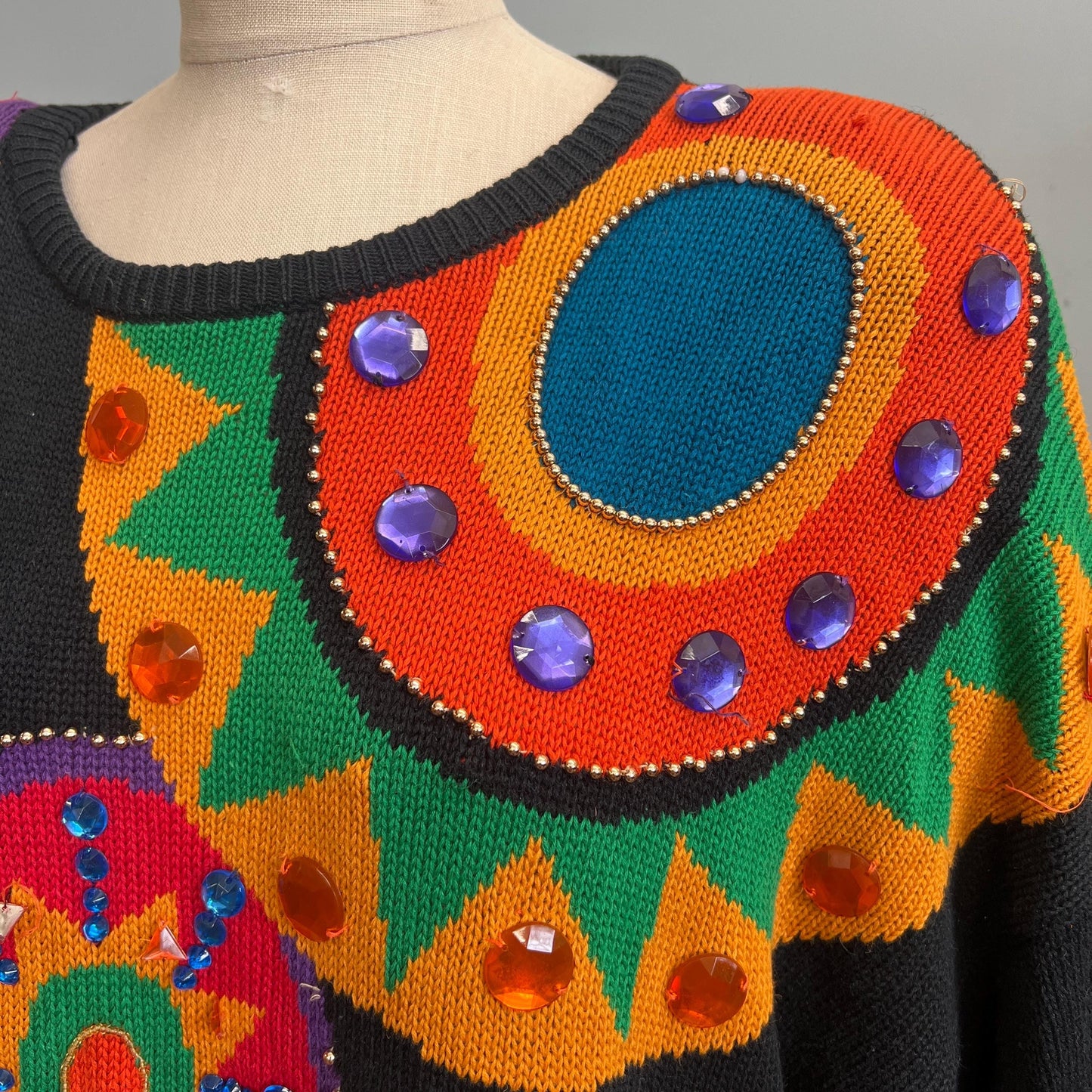 vtg 80s BEDAZZLED JEWEL SWEATER // vintage jacque & koko 3xl jewel tones oversized long abstract pattern sweater dress blingy festive op art