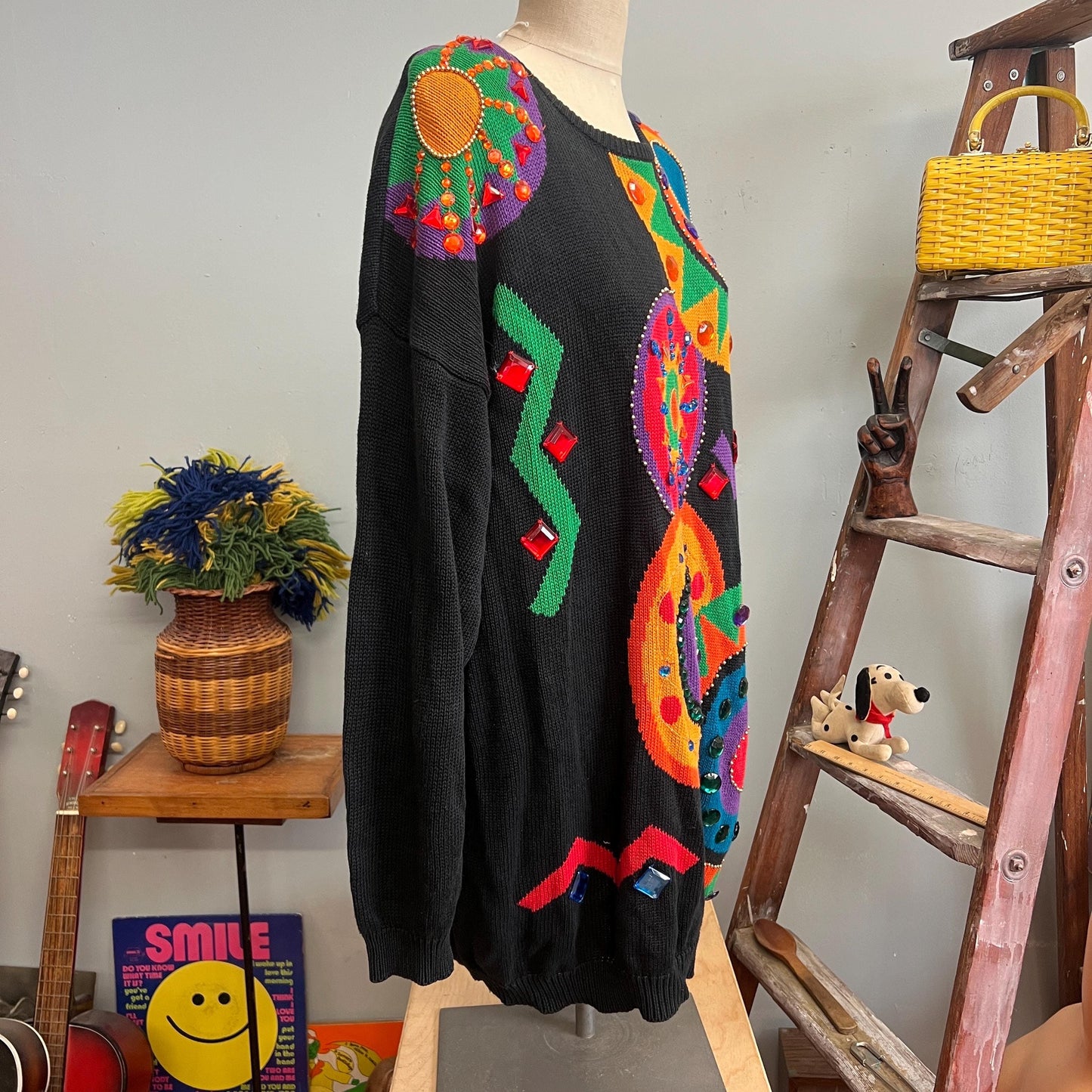 vtg 80s BEDAZZLED JEWEL SWEATER // vintage jacque & koko 3xl jewel tones oversized long abstract pattern sweater dress blingy festive op art