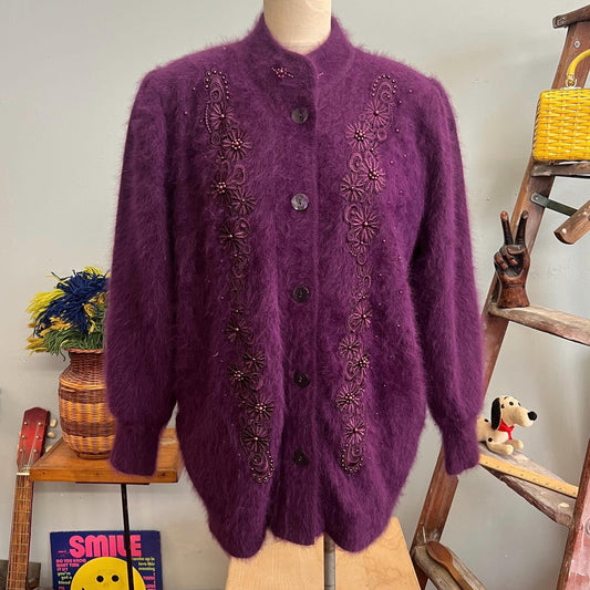 vtg 80s PURPLE ANGORA JACKET // vintage Lee sands one size fuzzy fur oversized sweater jacket embroidered floral detail autumn jewel tones