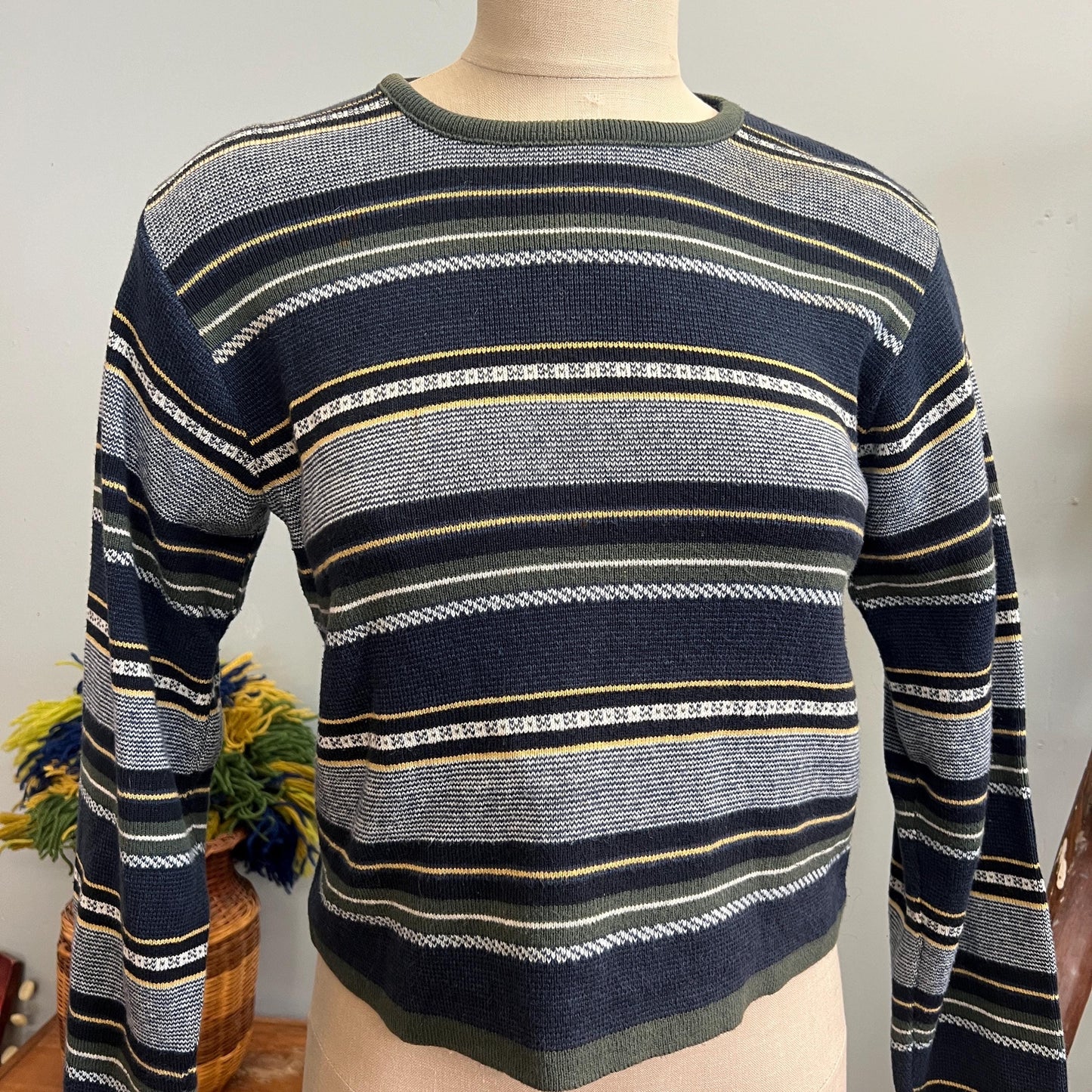 vtg 90s STRIPED CROPPED SWEATER // vintage absolutely by creative cotton medium ribbed knit cute blue yellow striped Y2K 90s girly grunge