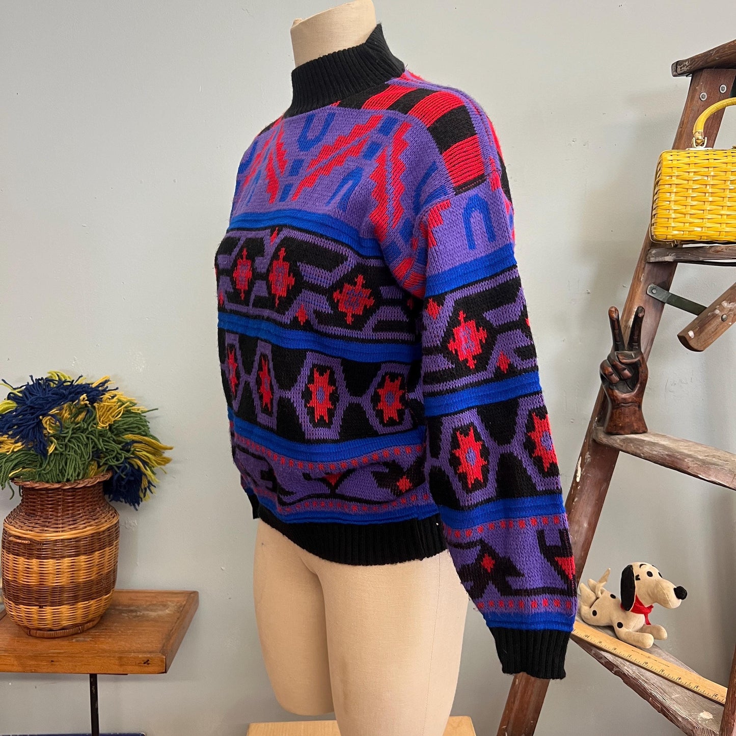 vtg 80s NEON PATTERN SWEATER // milestone New York medium abstract mock neck purple pink black zig zag aztec chunky knit multicolor autumn