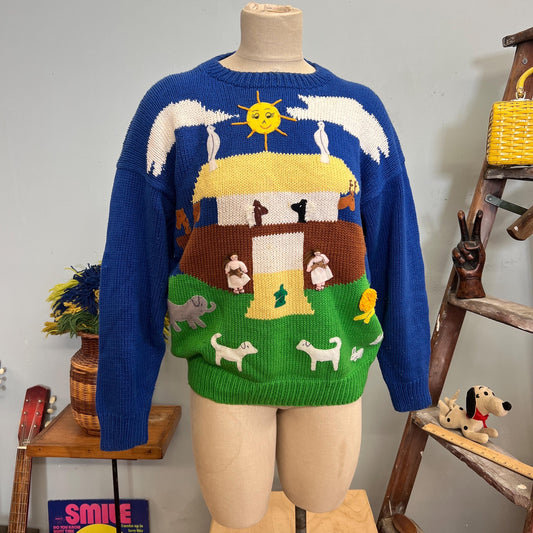 vtg 80s NOAHS ARK SWEATER // vintage cotton salsa large 3d knit blue pictorial cute bible animal jesus lover chunky boxy oversized rainbow
