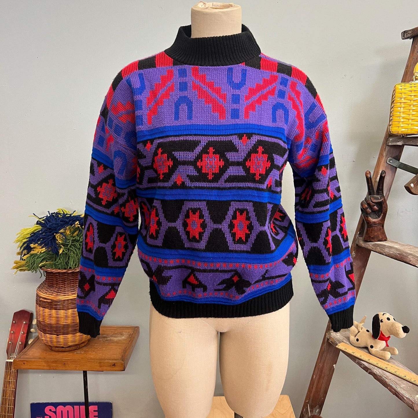 vtg 80s NEON PATTERN SWEATER // milestone New York medium abstract mock neck purple pink black zig zag aztec chunky knit multicolor autumn