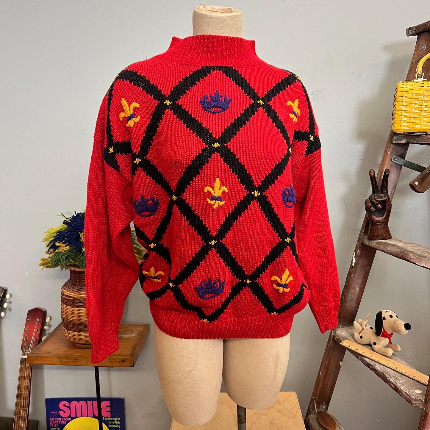 vtg 80s FLEUR DE LIS Sweater // vintage red criss cross large american weekend ribbed cotton chunky knit mock neck autumn slouchy bright top