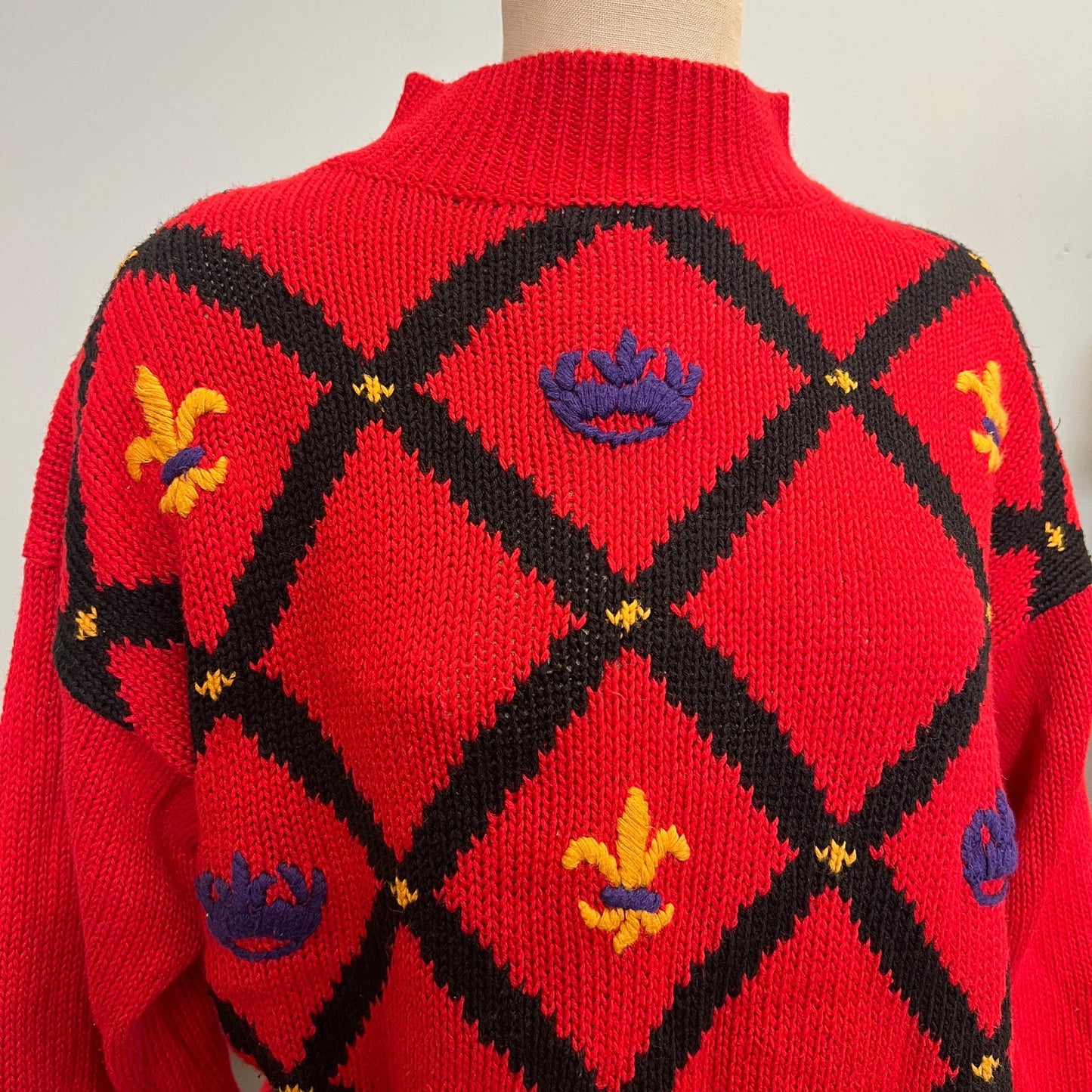 vtg 80s FLEUR DE LIS Sweater // vintage red criss cross large american weekend ribbed cotton chunky knit mock neck autumn slouchy bright top
