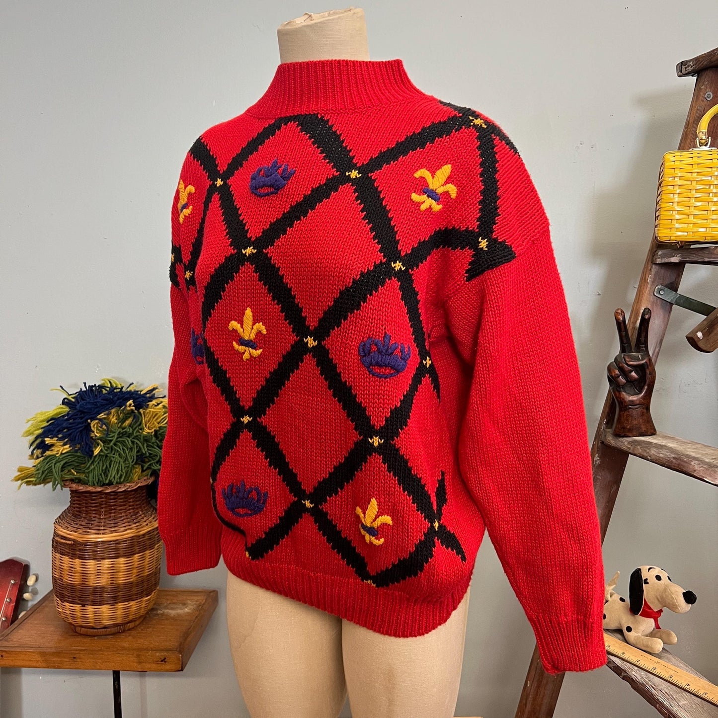 vtg 80s FLEUR DE LIS Sweater // vintage red criss cross large american weekend ribbed cotton chunky knit mock neck autumn slouchy bright top