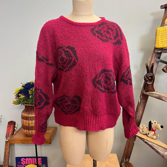 vtg 80s MAGENTA ROSES SWEATER // vintage large fuzzy pink abstract floral black rose pattern all over print slouchy baggy autumn casual cozy
