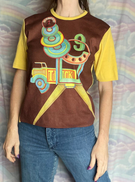 vtg 70s POP ART RETRO Top // vintage school house rock vibes 1970s color way two tone psychedelic photo print autumn vibes disco mod style