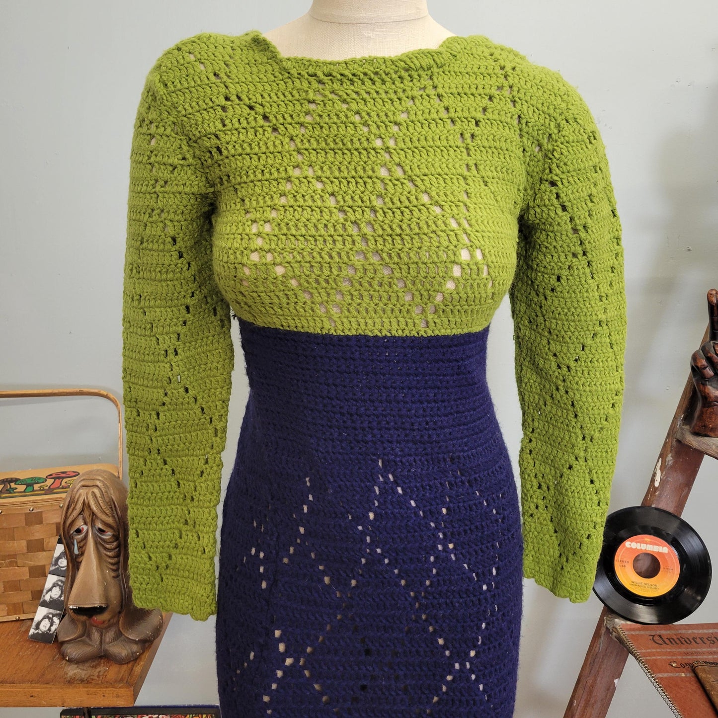 vtg 70s CROCHET KNIT DRESS / vintage two tone small womens fringe sweater retro funky dress handmade fitted wiggle autumn cottage cozy style