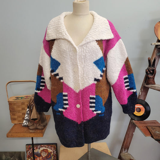 vtg 80s KNIT OVERSIZE CARDIGAN // vintage abstract geometric op art textured structured boxy slouchy funky autumn chubby knit sweater jacket