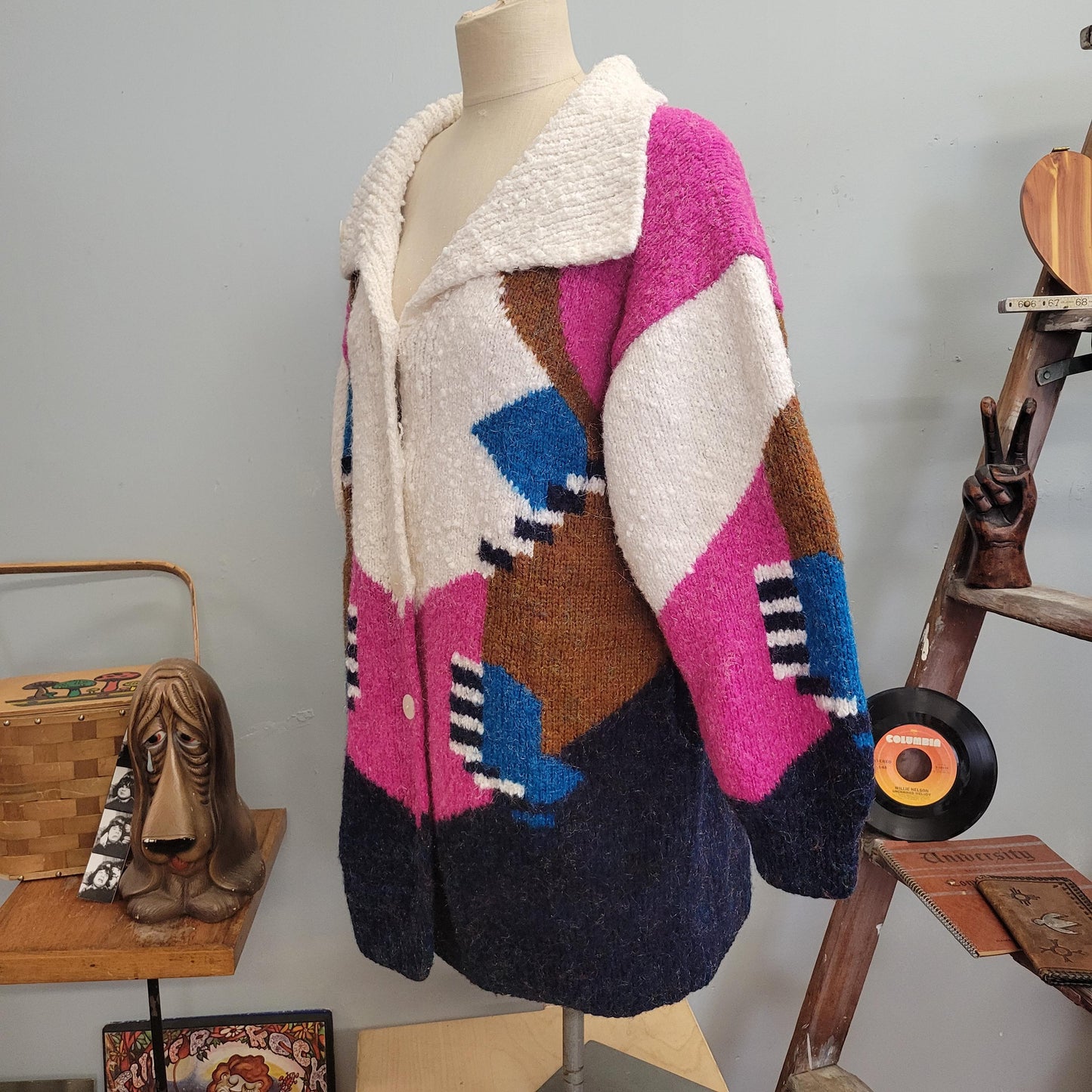 vtg 80s KNIT OVERSIZE CARDIGAN // vintage abstract geometric op art textured structured boxy slouchy funky autumn chubby knit sweater jacket