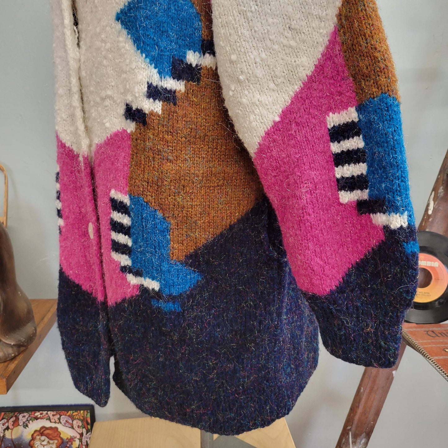vtg 80s KNIT OVERSIZE CARDIGAN // vintage abstract geometric op art textured structured boxy slouchy funky autumn chubby knit sweater jacket