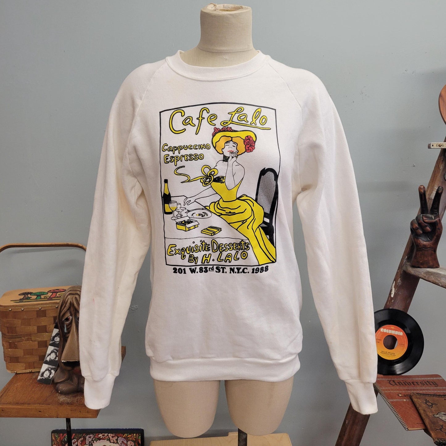 vtg 80s CAFE COFFEE SWEATSHIRT // vintage jerzees large nyc cafe lalo french burlesque broadway woman espresso cappuccino coffee lover shirt