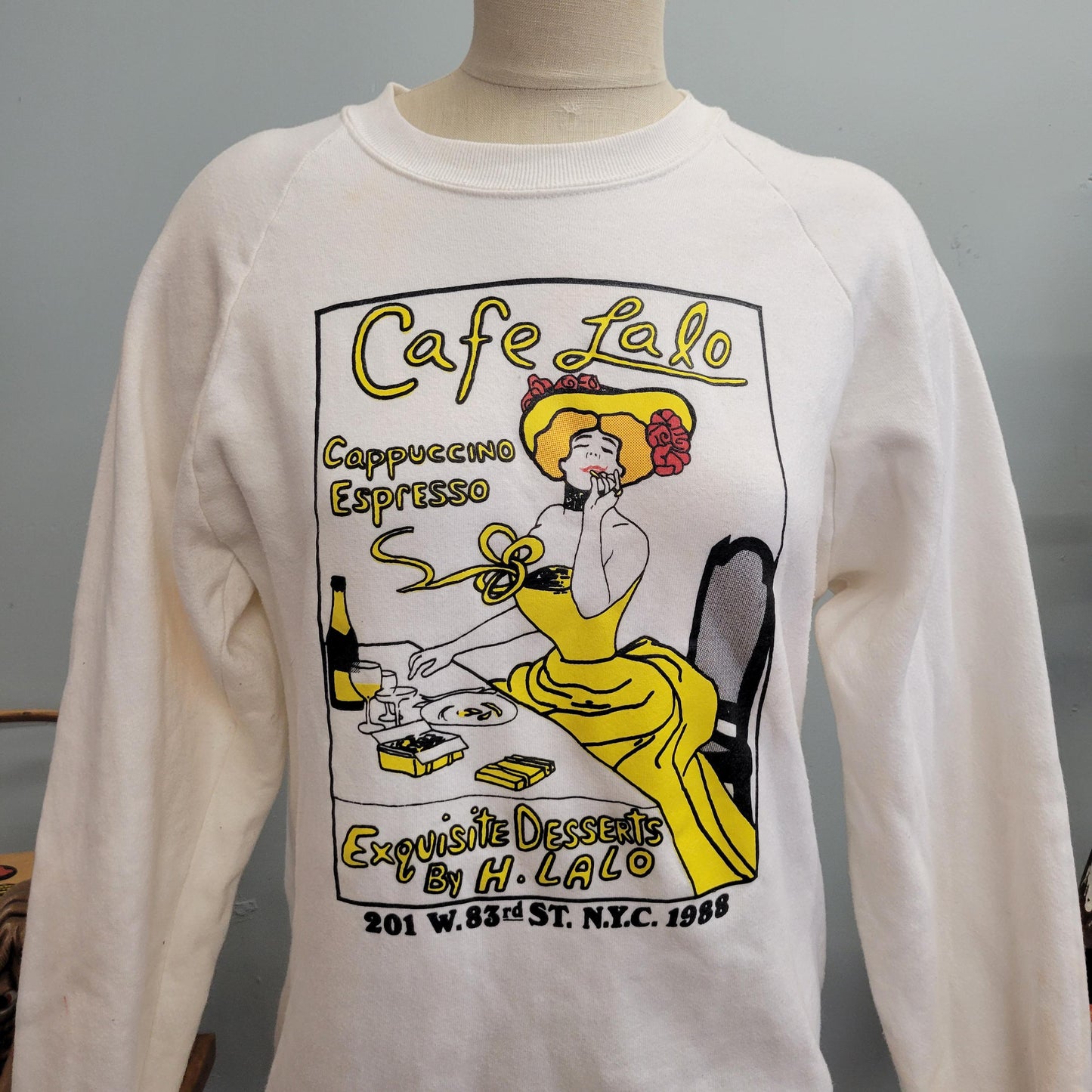 vtg 80s CAFE COFFEE SWEATSHIRT // vintage jerzees large nyc cafe lalo french burlesque broadway woman espresso cappuccino coffee lover shirt