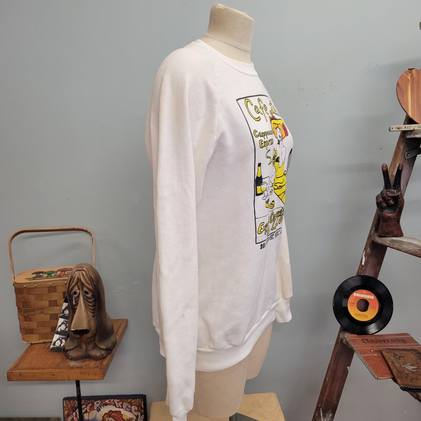 vtg 80s CAFE COFFEE SWEATSHIRT // vintage jerzees large nyc cafe lalo french burlesque broadway woman espresso cappuccino coffee lover shirt