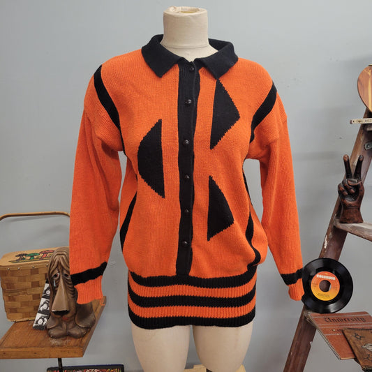 vtg 80s JACK O’LANTERN Sweater // vintage michael carrie medium halloween pumpkin knit cardigan Halloween orange black sweater retro festive