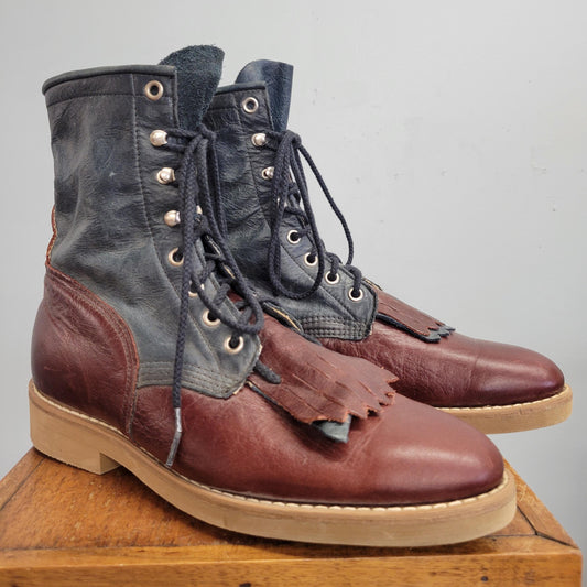 vtg 70s TWO TONE ROPER Boots // vintage size 10 womens western fringe lace up ankle boots black and brown leather autumn fashion ankle boots