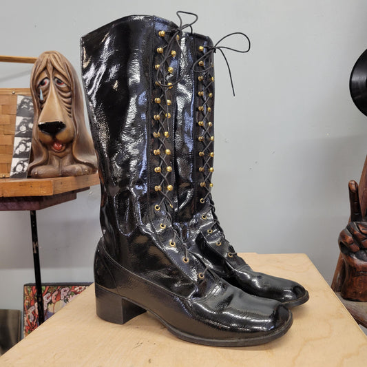 vtg 60s PATENT LEATHER BOOTS // vintage womens 10 lace up go go boots retro mod shiny black knee high zip up gothic wet look autumn winter