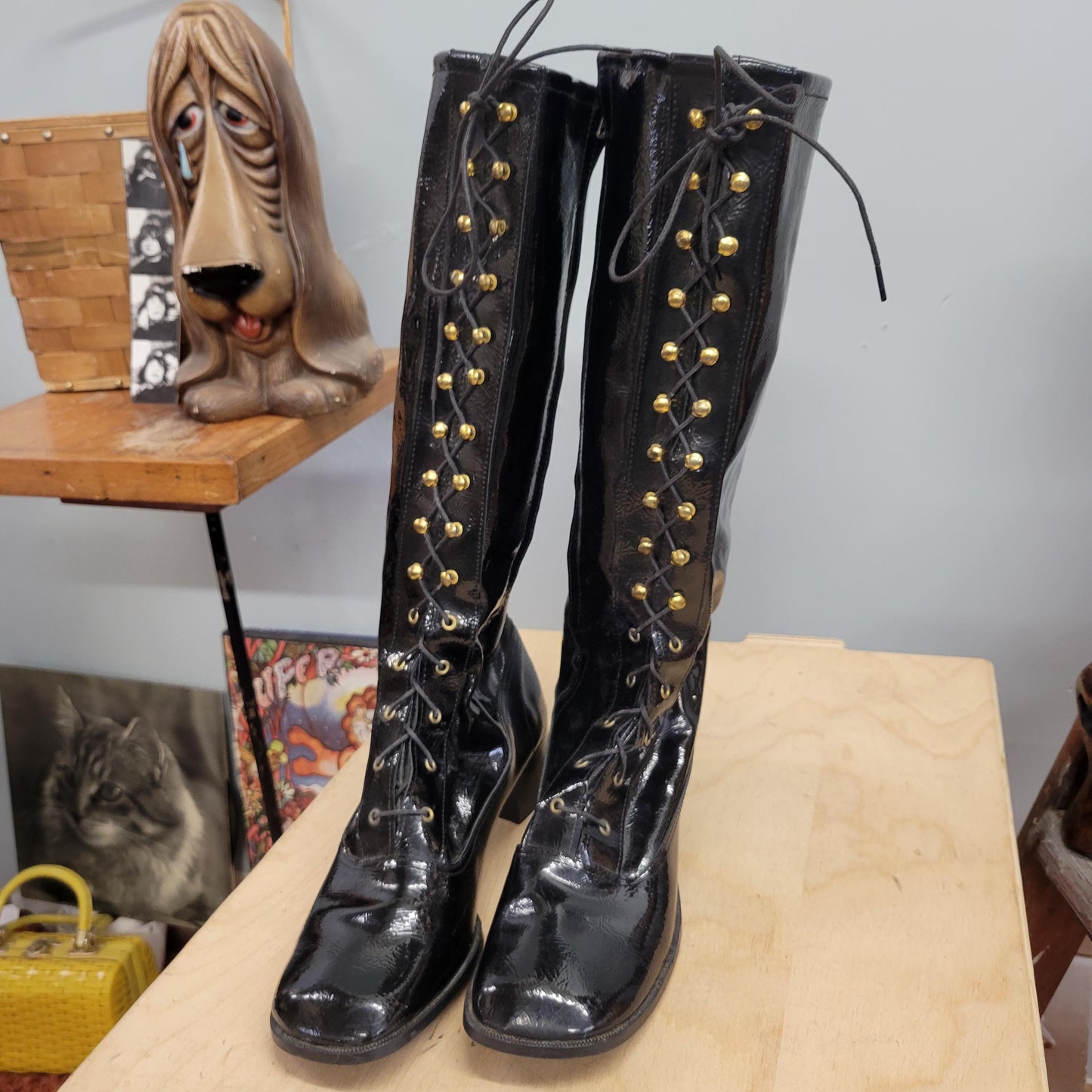vtg 60s PATENT LEATHER BOOTS // vintage womens 10 lace up go go boots retro mod shiny black knee high zip up gothic wet look autumn winter