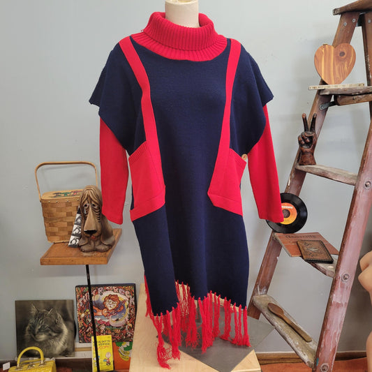 vtg 80s SWEATER PONCHO COWLNECK // vintage xl funky fringe color block cape retro boho oversized sweater dress red black winter streetwear