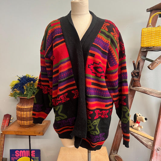 vtg 70s FUNKY PATTERNED CARDIGAN // vintage hot cashews large slouchy abstract southwestern neon sweater jacket striped multicolor autumn