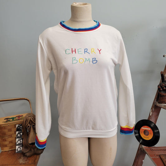 vtg 90s CHERRY BOMB SWEATSHIRT // vintage crewneck medium embroidered rainbow golf wang rainbow sweatshirt retro color way white striped