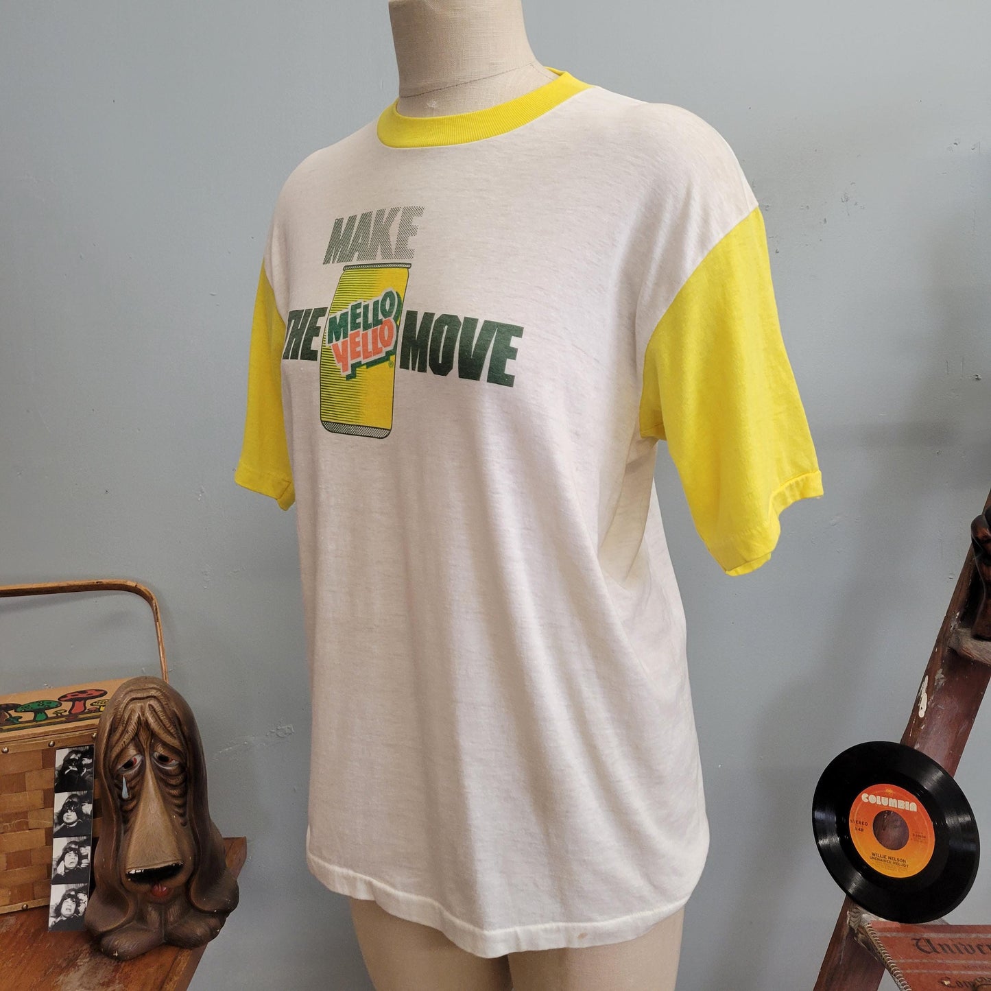 vtg 80s MELLO YELLO TSHIRT // vintage paper thin ringer signal xl Mountain Dew pepsi retro throwback soda pop