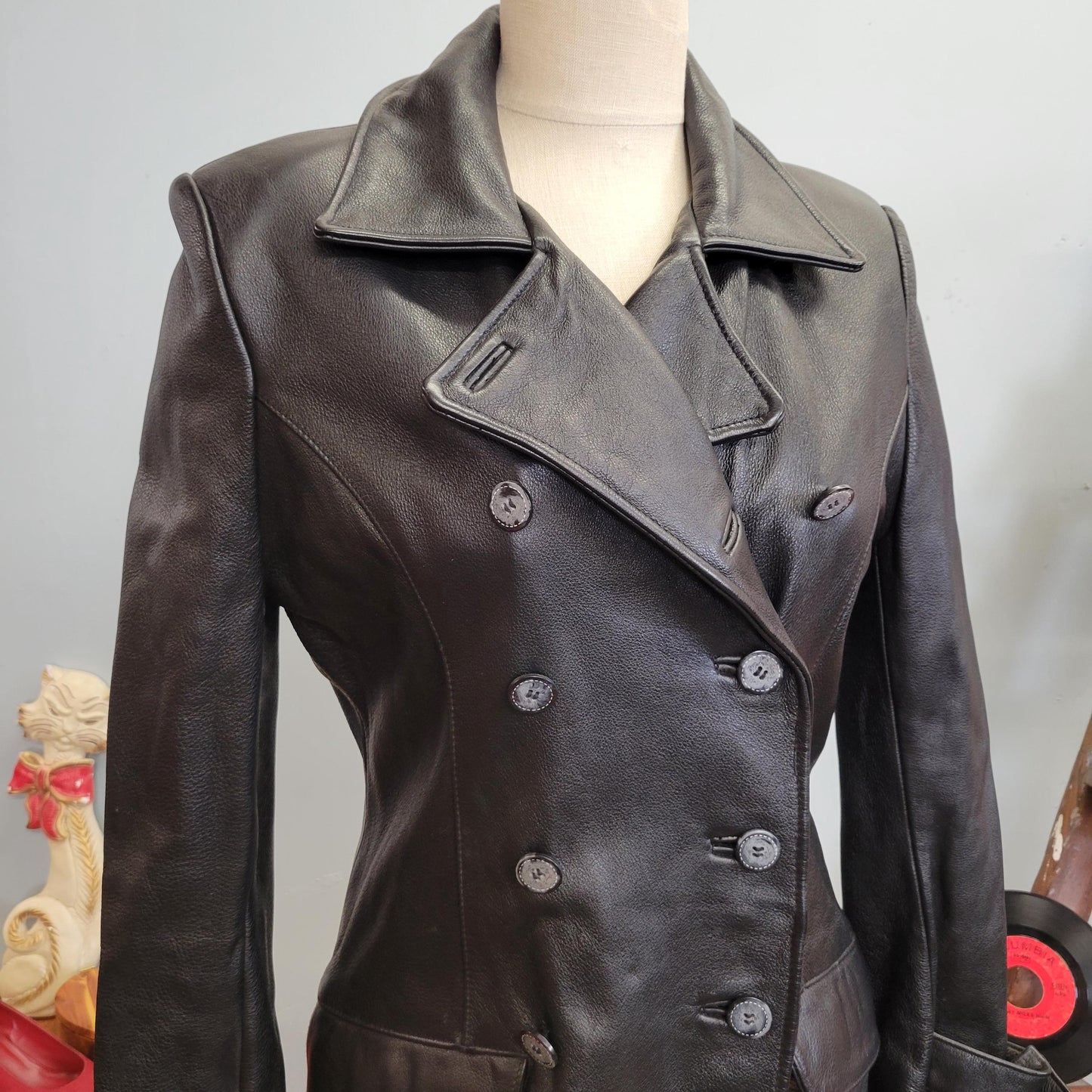 vtg 90s BLACK LEATHER JACKET // vintage wilsons medium womens sleek double breasted pointy collar classic autumn slicker minimalist style