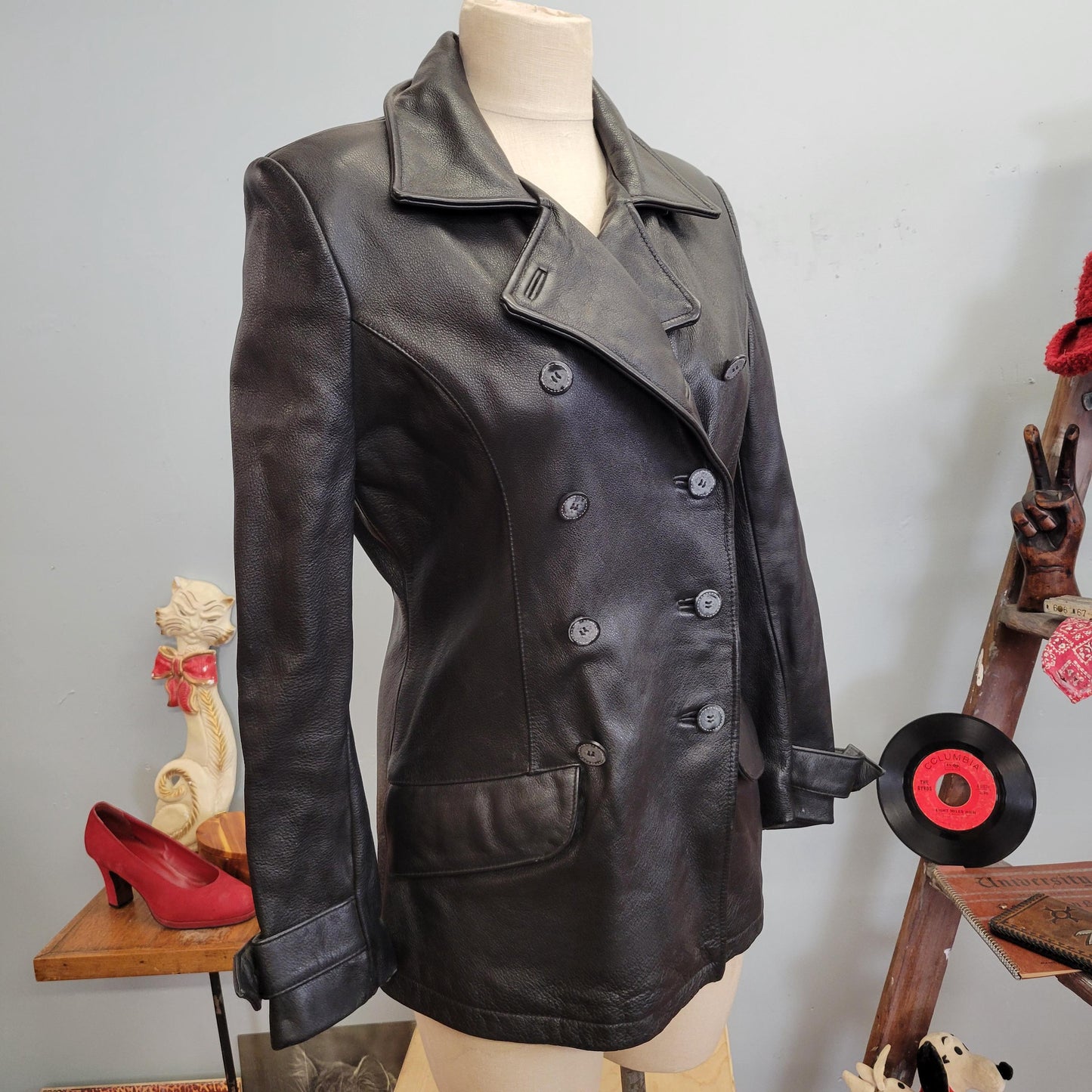 vtg 90s BLACK LEATHER JACKET // vintage wilsons medium womens sleek double breasted pointy collar classic autumn slicker minimalist style