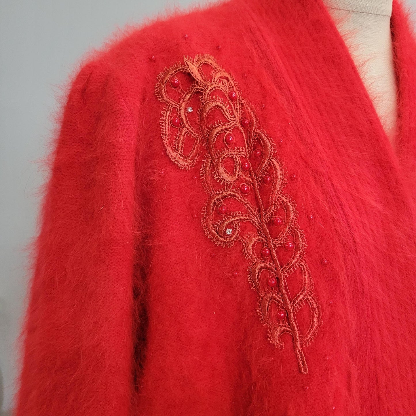 vtg 80s FUZZY OVERSIZE CARDIGAN // vintage lee sands sweater jacket xl womens red beaded mohair baggy slouchy fancy soft evening date coat