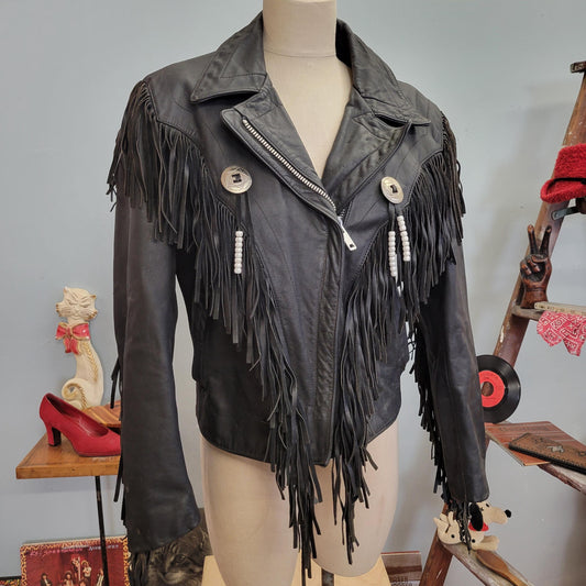 vtg 70s LEATHER FRINGE JACKET // vintage bermans leather experts size 14 metal conch and tassel western biker cowboy style beaded cropped